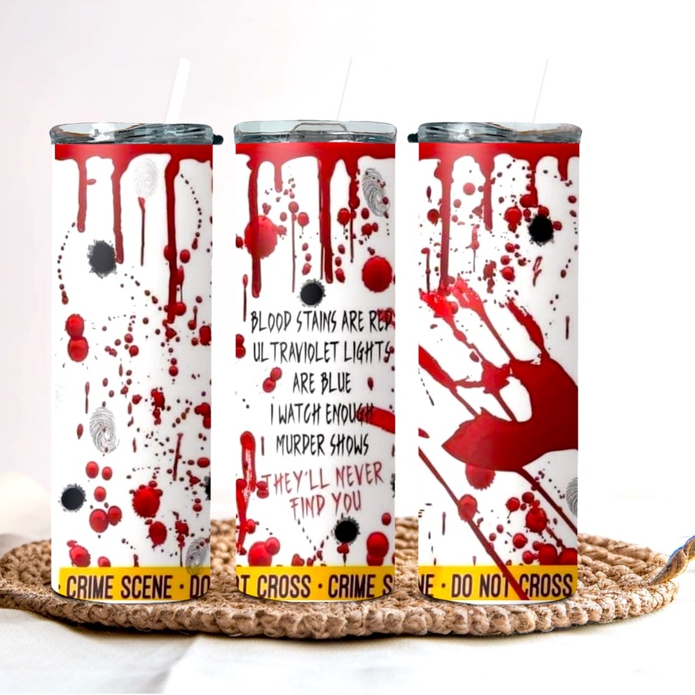 True crime inspired 20 oz.  stainless steel tumbler with lid and straw.